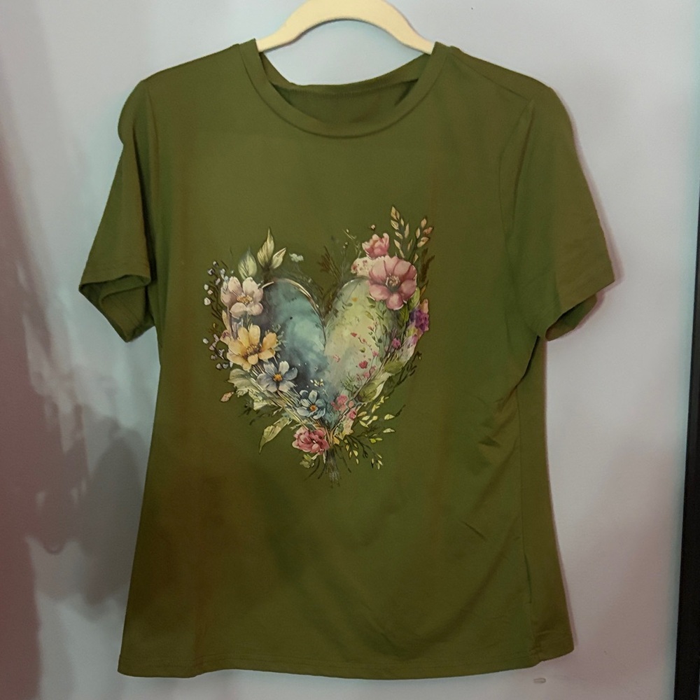 Floral Heart Graphic Olive Green Women's Top
